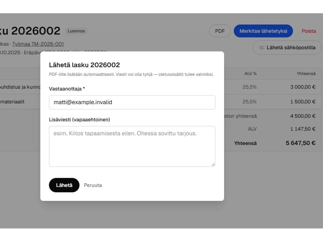 Laskun sähköpostilähetys: vastaanottaja, lisäviesti ja automaattinen PDF-liite