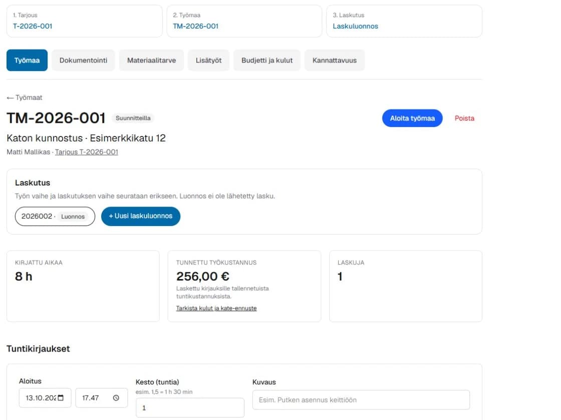Katon kunnostus: RunkoERP:n työmaanäkymä, tunnit ja laskutus keksityillä esimerkkitiedoilla